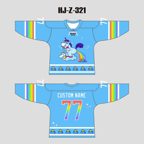 HJZ321 Funny Unicorn Pooping Rainbow Custom Hockey Jerseys