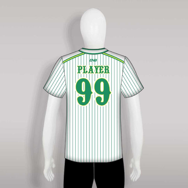 C19 Custom Green Pinstripe White Button Down Baseball Jerseys