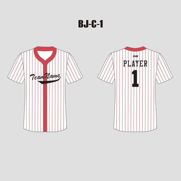 C1 Red Stripe Sublimated Button Down Custom Baseball Jerseys