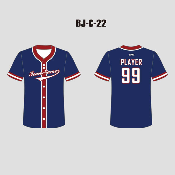 C22 Custom Sublimated Navy and Red Button Down Baseball Jerseys