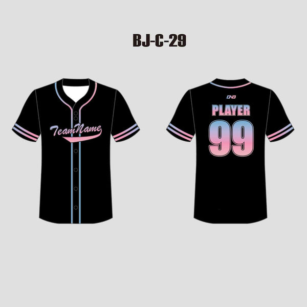 C29 Sublimated Custom Black and Pink Full Button Baseball Jerseys