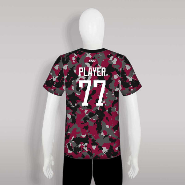 C38 Maroon Black and Gray Camo Custom Crew Baseball Shirts