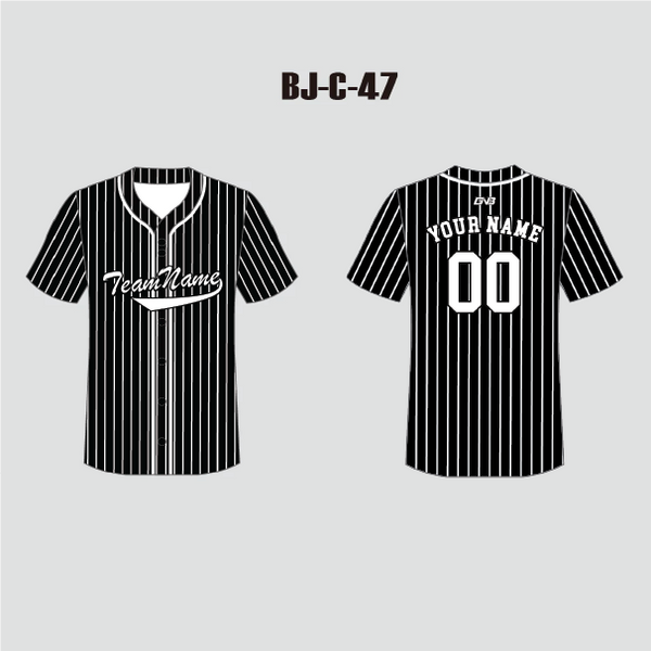 C47 Unisex Button Down Plain Black Stripe Custom Baseball Jerseys