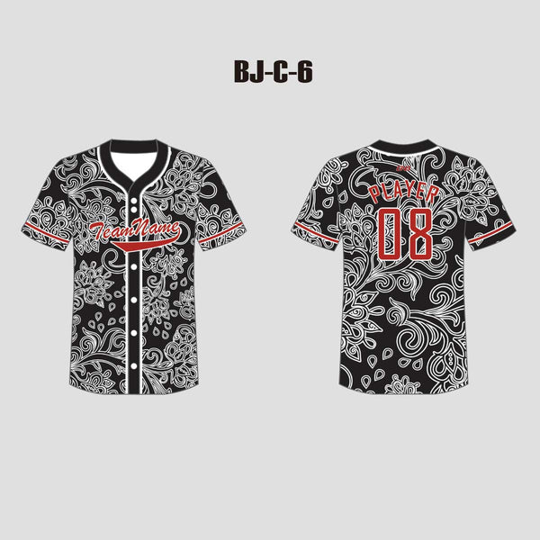 C6 White Floral Pattern Sublimated Custom Button Down Baseball Jerseys