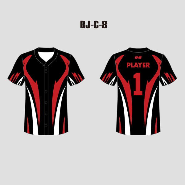 C8 Sublimated Black Red and White Full Button Custom Baseball Jerseys
