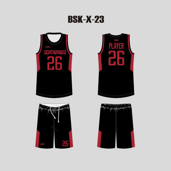 BSKX23 Black Red Custom Sublimated Basketball Uniforms