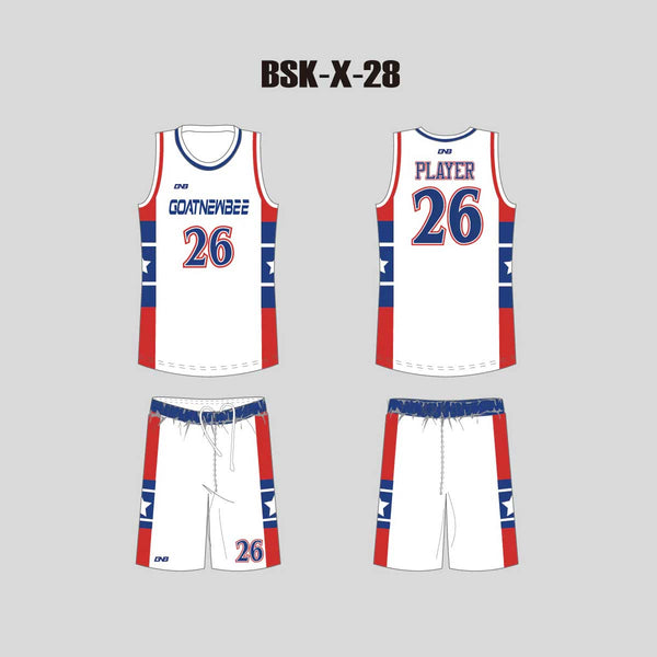 BSKX28 White Red Blue Custom Sublimated Basketball Uniform Packages