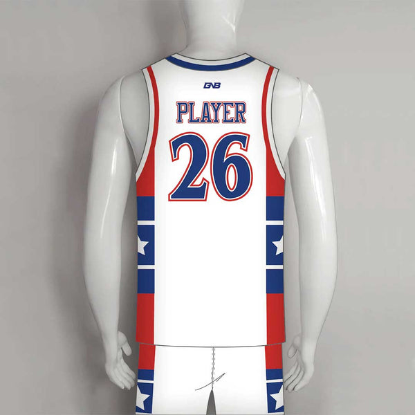 BSKX28 White Red Blue Custom Sublimated Basketball Uniform Packages