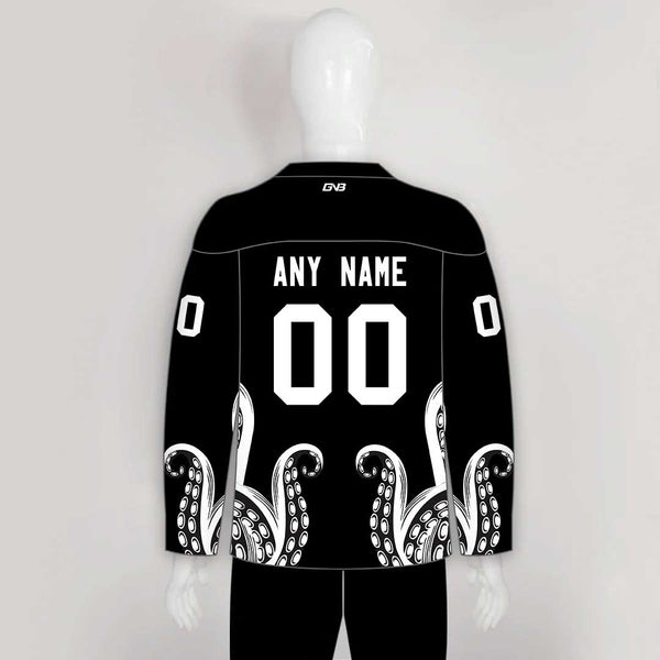 HJC168 Black and White Kraken Sublimated Custom Made Hockey Jerseys