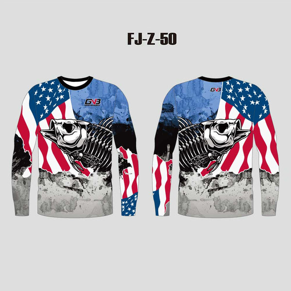 FJZ50 Fish Skeleton American Flag Custom Cool Fishing Shirts Crew Neck