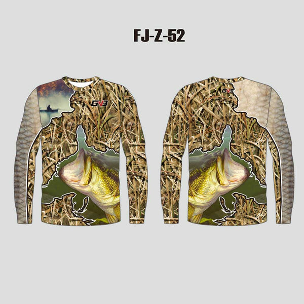 FJZ52 Spliced Reeds and Largemouth Bass Custom Crew Fishing Shirts