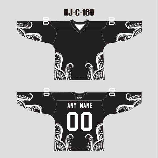 HJC168 Black and White Kraken Sublimated Custom Made Hockey Jerseys