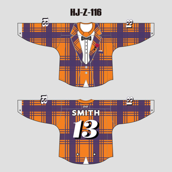 HJZ116 Orange Purple Tuxedo Sublimated Custom Hockey Goalie Jerseys