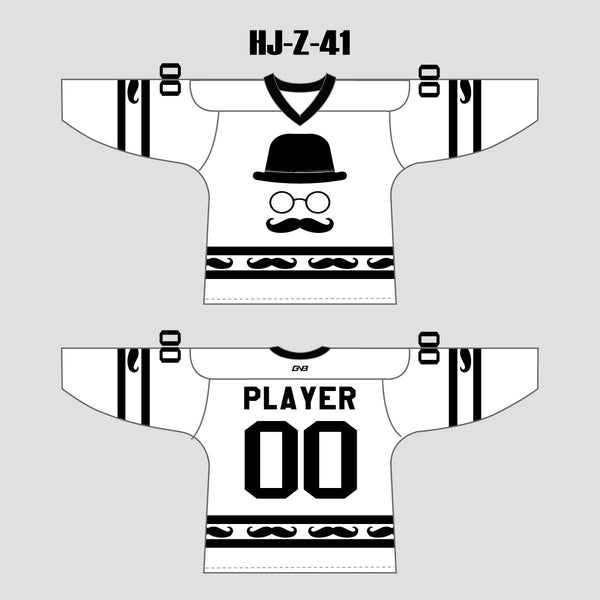 HJZ41 Beard Black White Sublimated Custom Hockey Jerseys