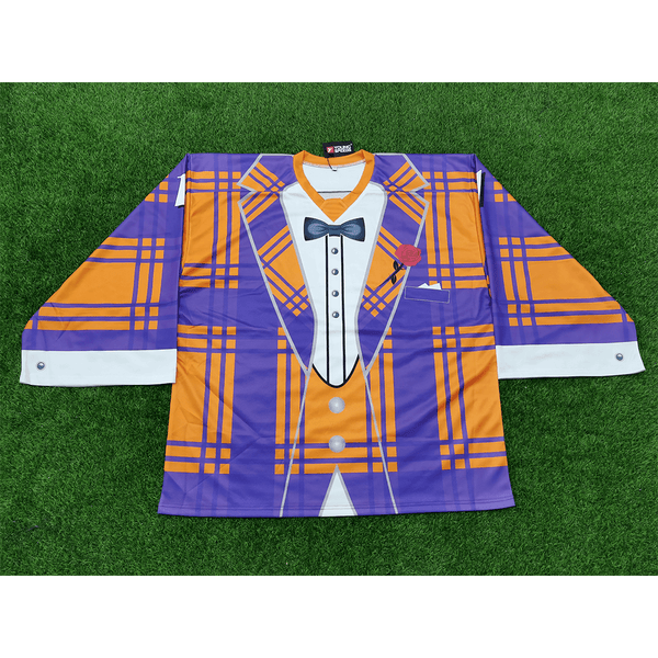 HJZ116 Orange Purple Tuxedo Sublimated Custom Hockey Goalie Jerseys - YoungSpeeds