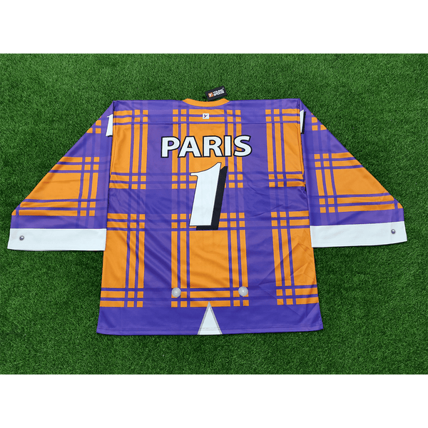 HJZ116 Orange Purple Tuxedo Sublimated Custom Hockey Goalie Jerseys - YoungSpeeds