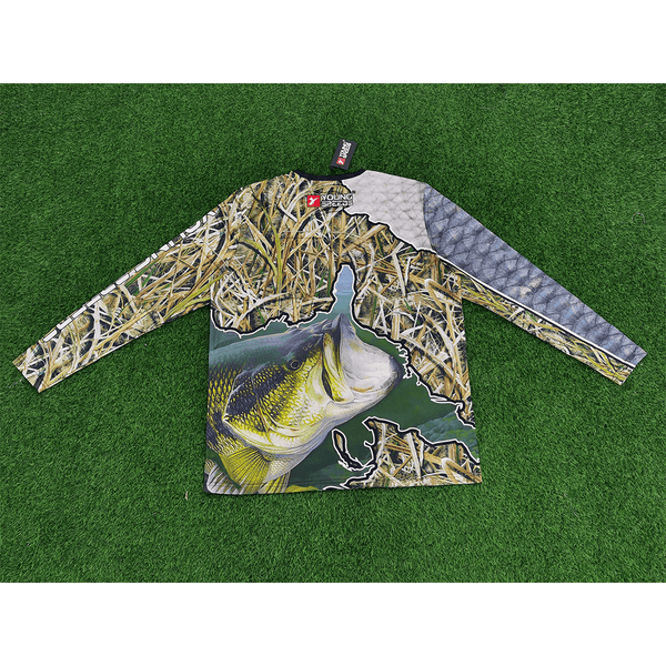 FJZ52 Spliced Reeds and Largemouth Bass Custom Crew Fishing Shirts - YoungSpeeds