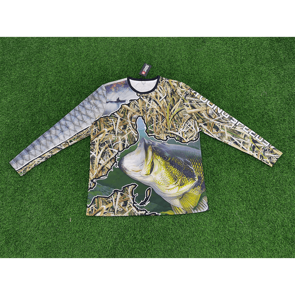 FJZ52 Spliced Reeds and Largemouth Bass Custom Crew Fishing Shirts - YoungSpeeds