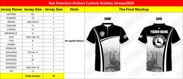 San Francisco Archers Custom Archery Jerseys 2026