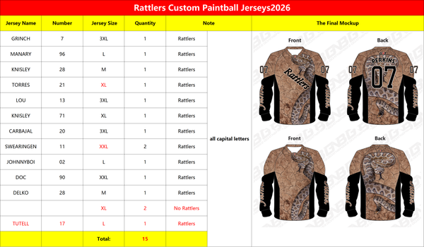 Rattlers Paintball Jerseys and Short Sleeves 2026
