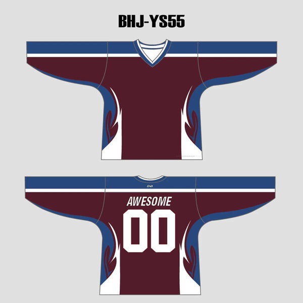 YS55 Maroon/Blue/White Custom Ice Roller Hockey Jerseys Design