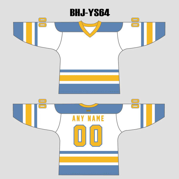 YS64 White/Blue/Gold Custom Ice Roller Hockey Jerseys Design