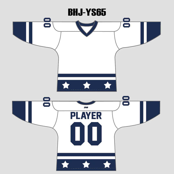 YS65 White/Navy Sublimated Hockey Jerseys Custom Design
