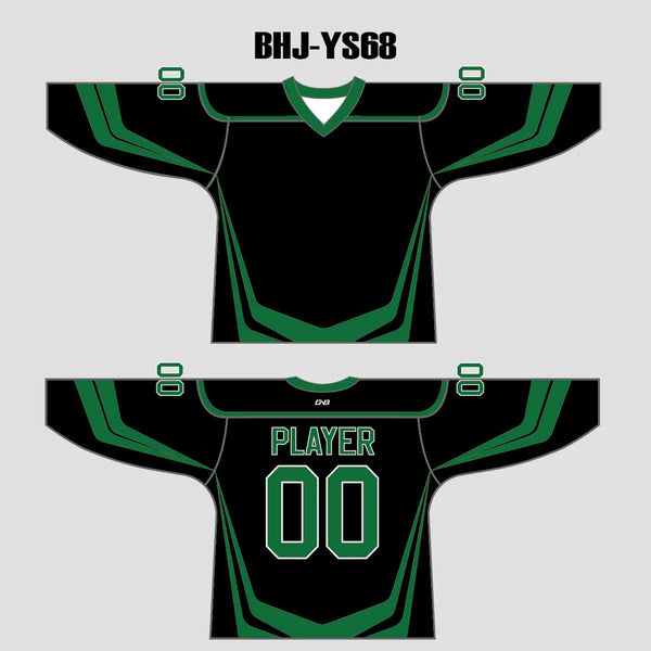 YS68 Black/Green Custom Sublimated Ice Roller Hockey Jerseys Design