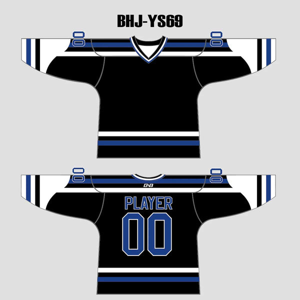 YS69 Black/White/Blue Custom Ice Roller Hockey Jerseys Design