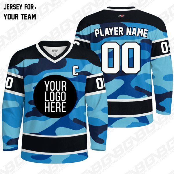 Camo wave custom hockey jersey with customizable colors, team logos, names and numbers