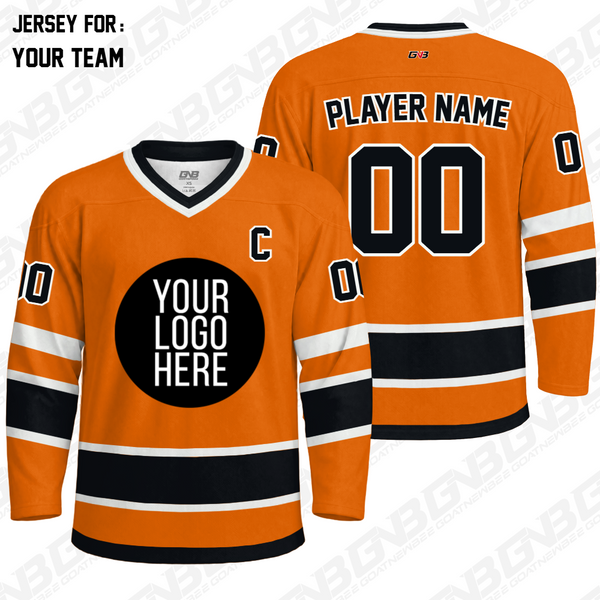 Classic stripe custom hockey jersey with personalized team colors, logos, names and numbers