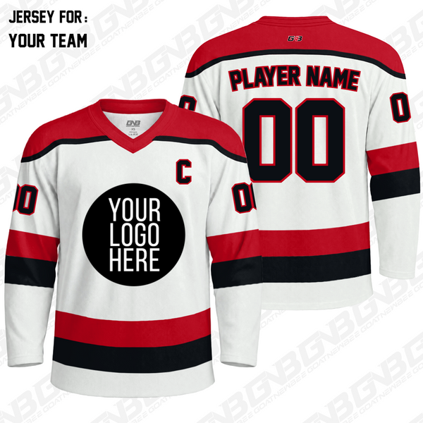 Two-tone custom hockey jersey with customizable colors, team logos, names and numbers