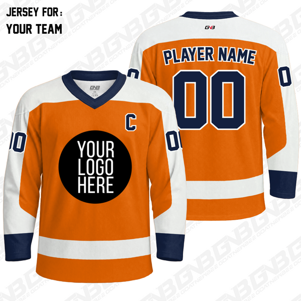 Bold color block hockey jersey design for custom team uniforms with personalized team design and 7-day turnaround。