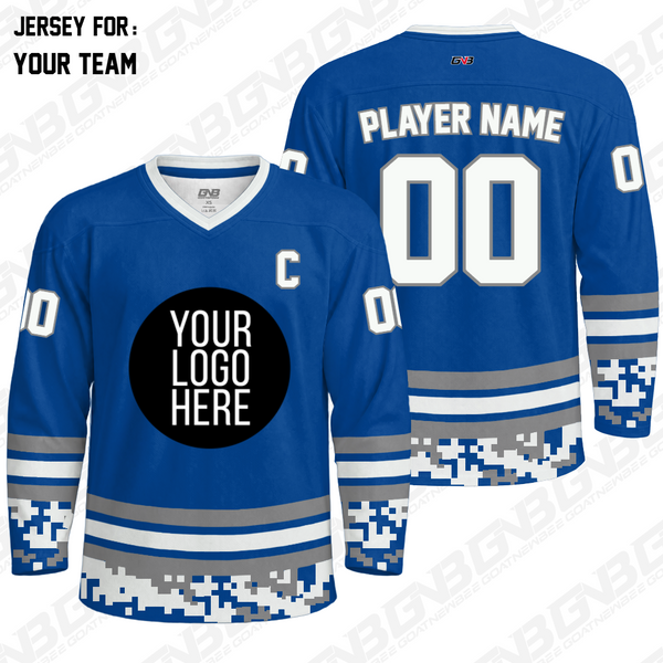 Digital camo custom hockey jersey with customizable team colors, logos, names and numbers