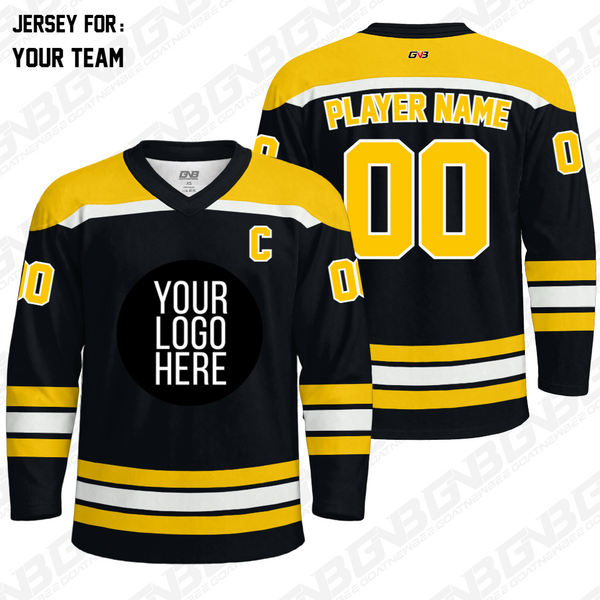 Elite stripe custom hockey jersey with customizable team colors, logos, names and numbers