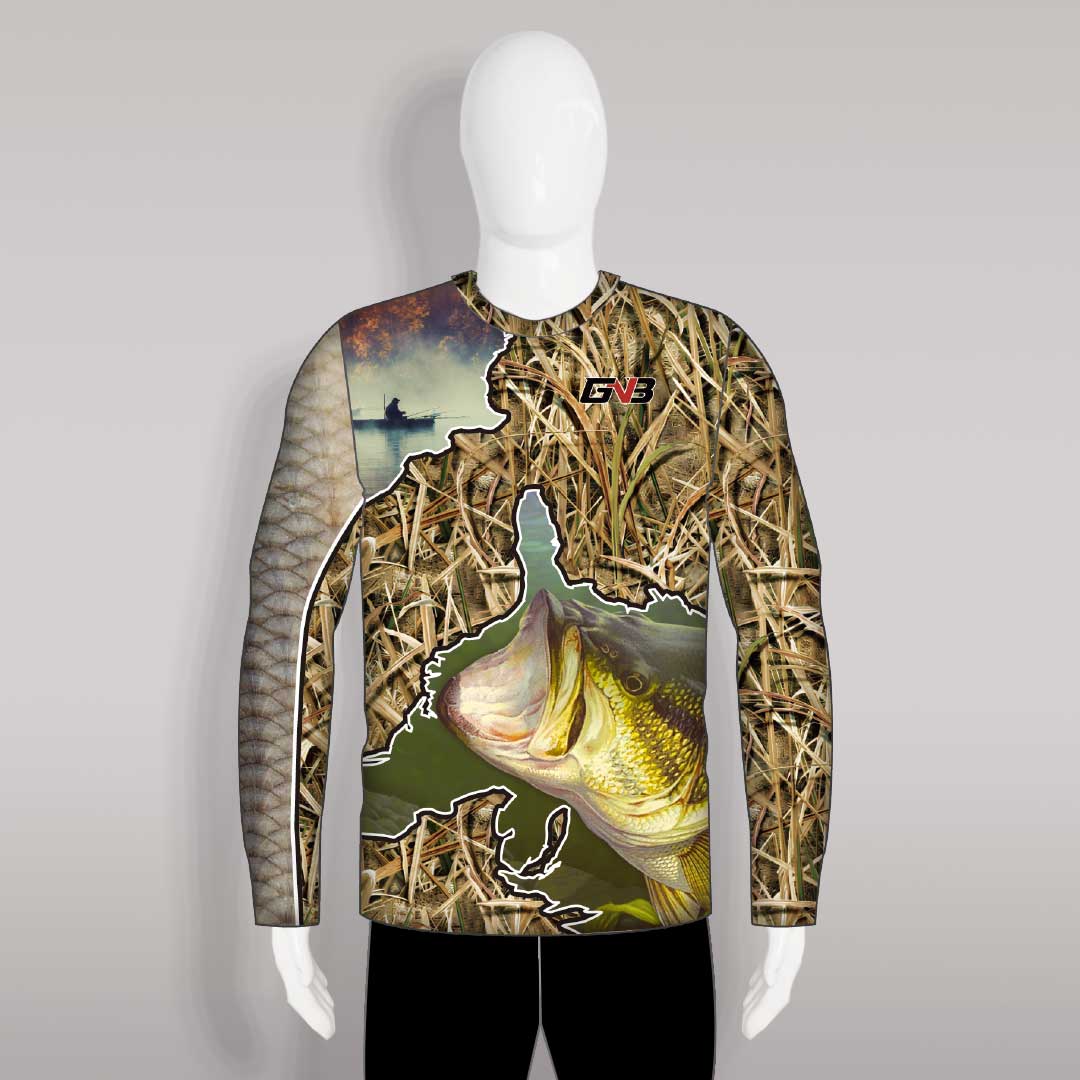 FJZ52 Spliced Reeds and Largemouth Bass Custom Crew Fishing Shirts