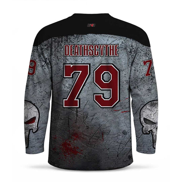 Back view of a long-sleeve hockey jersey with a distressed gray and black graphic design, featuring personalized name and number in red with white outlines, plus skull graphics on the sleeves.