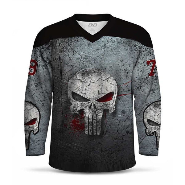 A long-sleeve hockey jersey with a distressed gray and black graphic print, featuring a large skull with red eyes and red blood-like splatter on the front, plus partial red numbers on the sleeves.