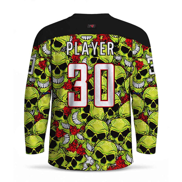 Long-sleeve hockey jersey shown from the back with a black collar and shoulders, covered in a neon yellow-green skull and red rose pattern. 
