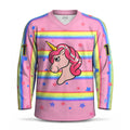 A pink long-sleeve V-neck hockey jersey with a cartoon unicorn graphic on the chest, rainbow horizontal stripes across the torso, blue star accents, and the number 1 on both sleeves.