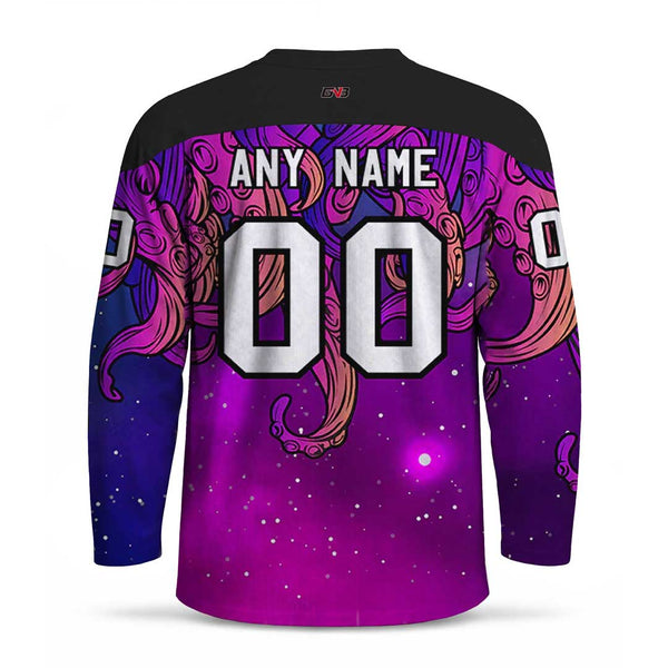 A long-sleeve jersey shown from the back with a black collar and shoulders, featuring a purple and magenta galaxy print with octopus illustrations and customizable personalized name and number.