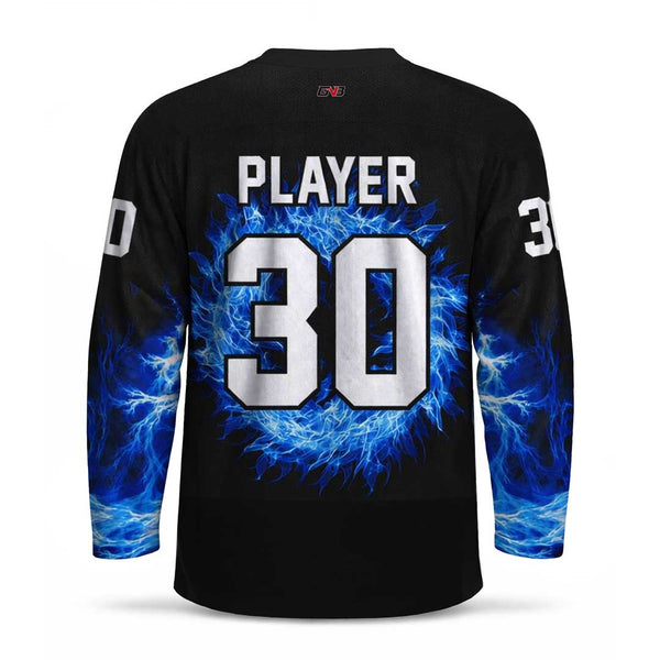 Custom long-sleeve black jersey shown from the back, featuring personalized name and number in white with a blue lightning design.