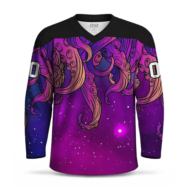 A long-sleeve V-neck hockey jersey with a black shoulder yoke and an all-over graphic print of purple and magenta tentacles on a galaxy background, featuring white numbers on the sleeves.