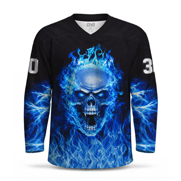 A black long-sleeve V-neck hockey jersey with a large blue skull and flame graphic on the front, white numbers on the sleeves, and a gray inner collar label.