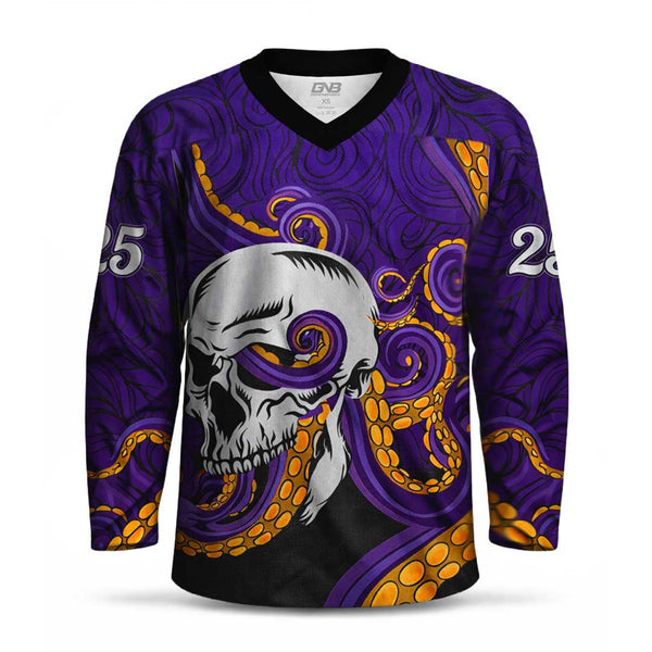 A long-sleeve V-neck jersey with a purple and black background, featuring a large white skull with purple and orange tentacles wrapping around it on the front. The jersey has white numbers on both sleeves and a black collar.