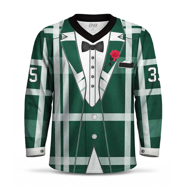 A long-sleeve hockey jersey with an all-over graphic print of a green and white plaid tuxedo jacket, featuring a black collar, white shirt graphic, black bow tie, a red rose on the chest, and personalized numbers on the sleeves.