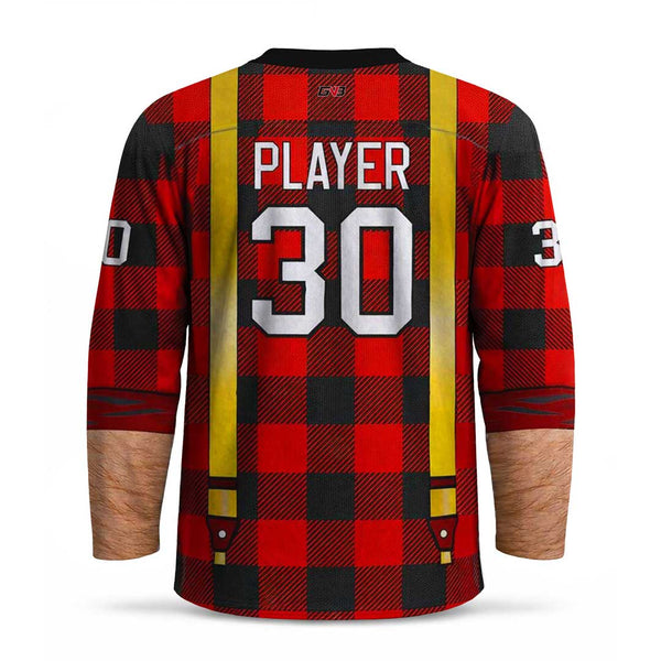 Custom long-sleeve hockey jersey with a red and black buffalo plaid pattern, featuring gold suspenders, brown faux skin sleeves, and personalized name and number printed on the back.