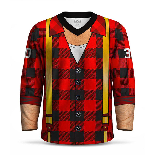 A long-sleeve button-front hockey jersey with a red and black buffalo plaid pattern, gold suspenders, a black collar, and faux wood-textured cuffs, shown on a plain white background.