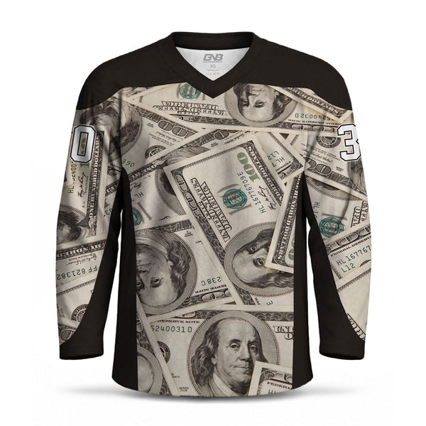 A long-sleeve V-neck jersey with a black collar, shoulders, and cuffs, featuring an all-over print of overlapping U.S.
