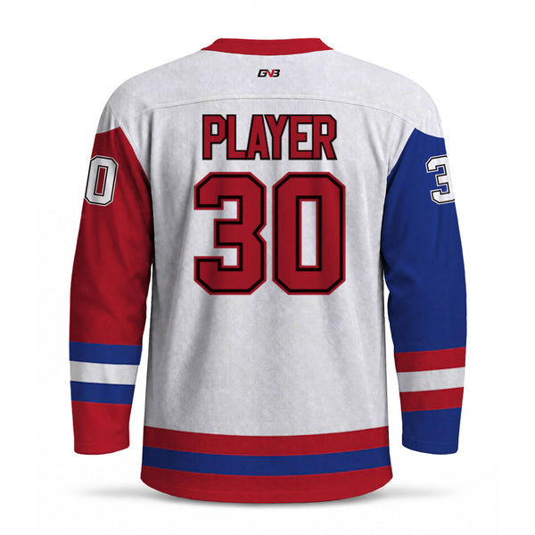Custom hockey jersey back with white body, red and blue sleeves, personalized name “PLAYER” and large number “30” in red with black outline.